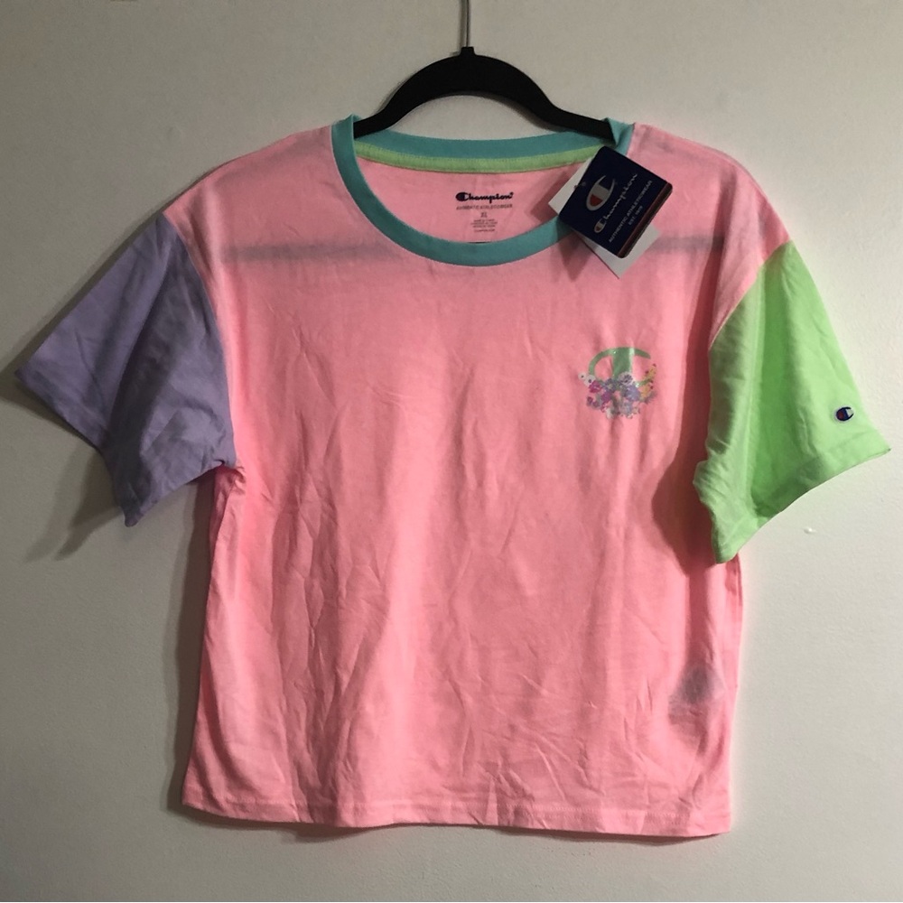 Champion  women’s  crop top shirt flowers Champion crewneck pink multi color.XL